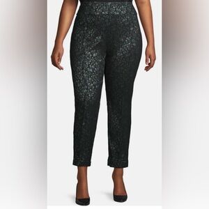 Lord and Taylor Black Green Floral Metallic Kelly Pull On Skinny Pants